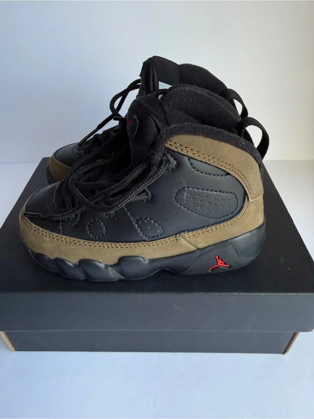 Jordan Kids Black and Brown High-Top Sneakers with Red Logo